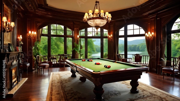 Fototapeta table with balls,billiards room,generative ai