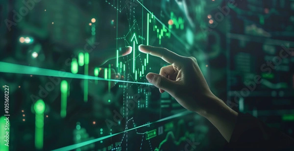 Fototapeta Businessman touching growth graph arrow going up with hologram icon rising and growing line chart on virtual screen