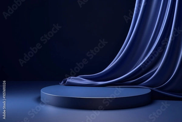 Obraz 3d display podium with navy background, pedestal, and flowing navy silk curtain