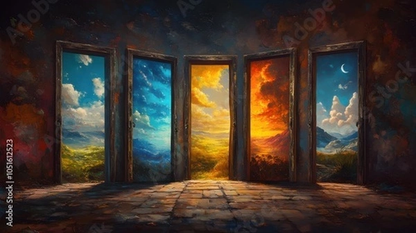 Fototapeta Surreal Scene with Multiple Doors to Different Worlds