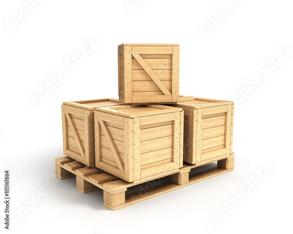 Fototapeta wooden boxes lying on a pallet isolated on white