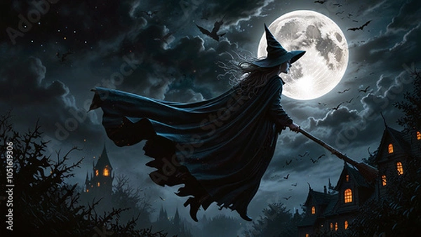 Fototapeta Through the Shadows: Witch’s Broomstick Flight Under a Full Moon