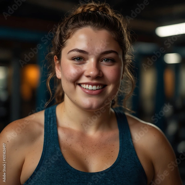 Fototapeta Proud and Strong Close-Up of Athletic Woman Smiling After Workout in Gym fitness journey  self-confidence