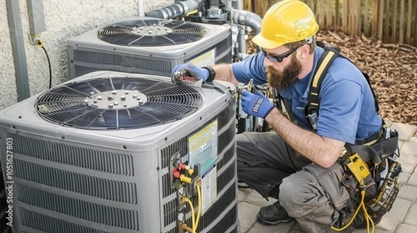 Fototapeta A technician performs maintenance on outdoor air conditioning units while wearing a safety helmet and harness.