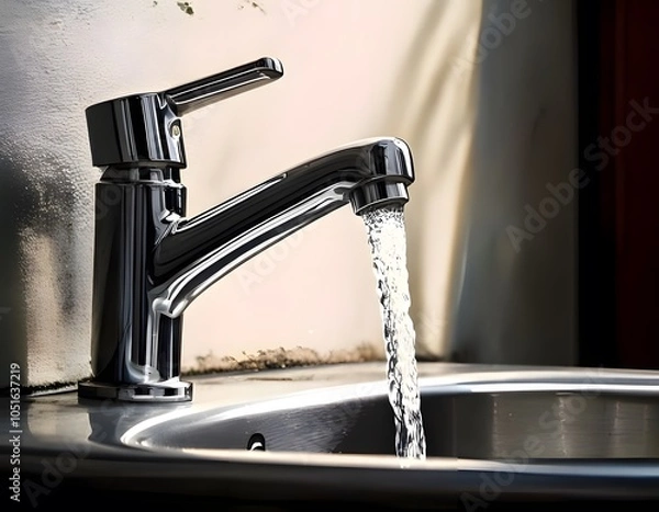 Fototapeta A close-up image of a shiny metal faucet pouring a smooth stream of water