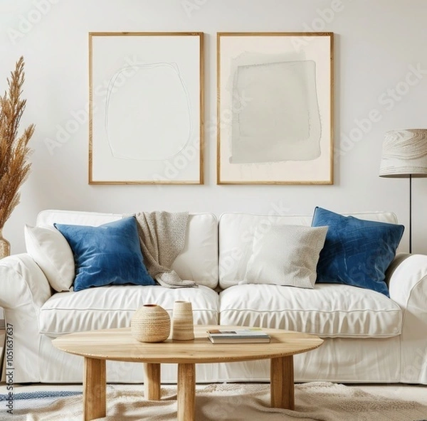 Obraz Two minimalist abstract art prints in beige tones. framed and hung above a white sofa with blue cushions in a modern living room