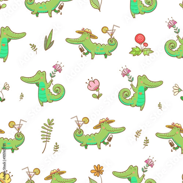 Fototapeta Summer seamless pattern with cute carton crocodiles, ice cream and cocktails.Animals and flowers on  white background. Vector image.