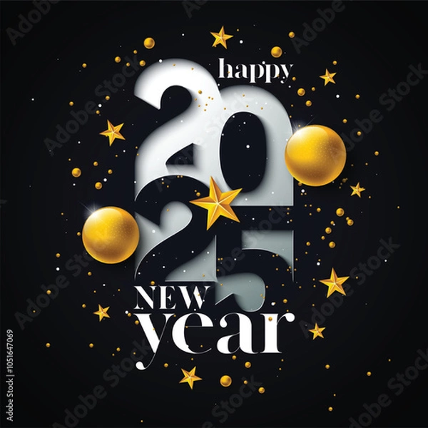 Fototapeta Happy New Year banner illustration with typography lettering and a Christmas ball on a black background.