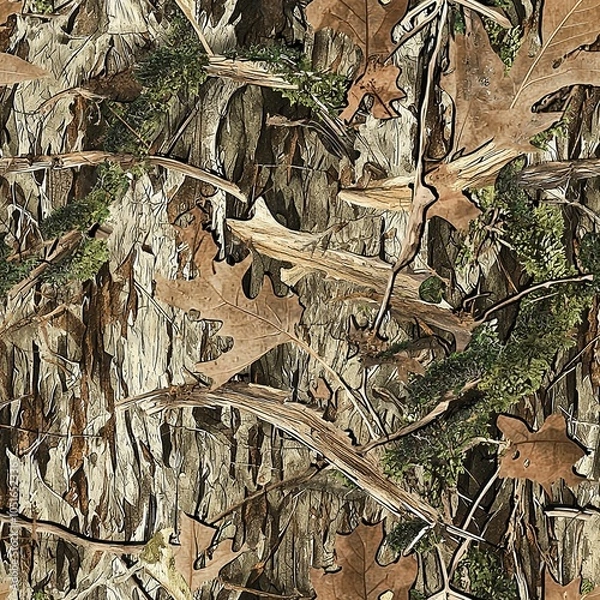 Fototapeta Mossy Oak Tree Bark Camo Hunting Texture, Seamless Tactical Camouflage Oak Leaves Pattern	