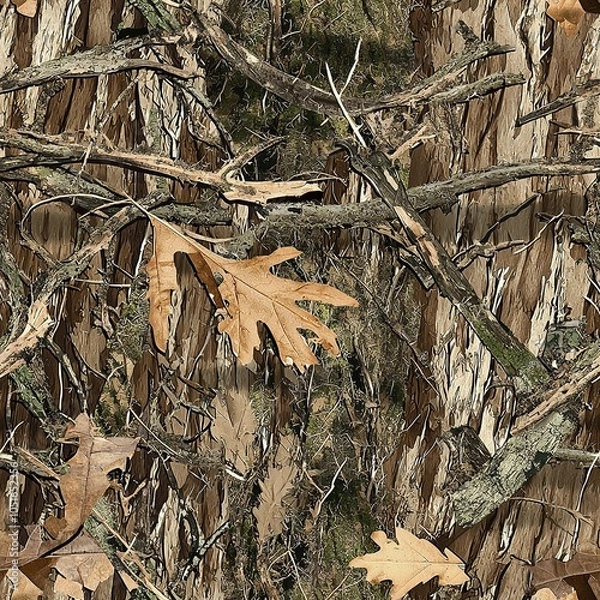 Fototapeta Mossy Oak Tree Bark Camo Hunting Texture, Seamless Tactical Camouflage Oak Leaves Pattern	
