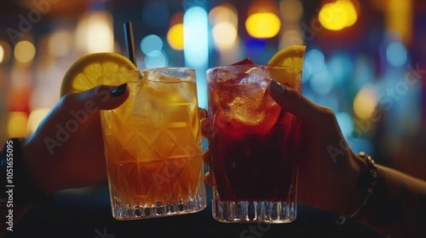 Obraz This close-up shows two individuals enjoying cocktails at a pub or dance club.
