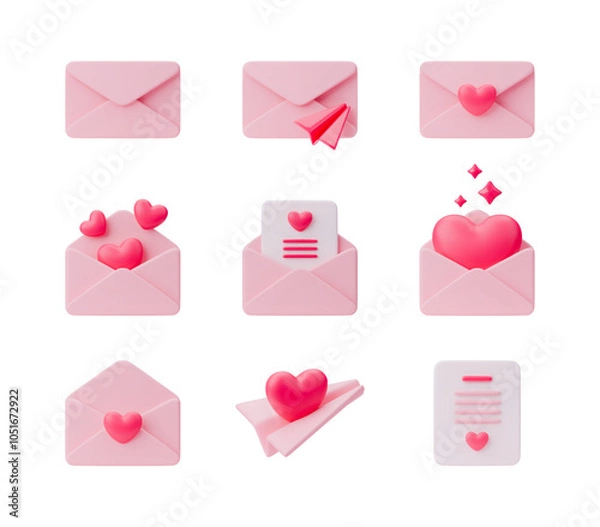 Fototapeta 3D pink mail envelope set. Realistic vector illustration with letter, heart, paper plane. Open and closed envelopes love message, be my Valentine. Valentines and Mothers day icon on white background