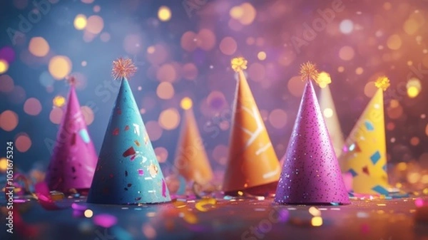 Fototapeta 3D rendered party hats with realistic textures and lighting, sparkling accents and dynamic angles for an exciting New Year's scene. Christmas, New Year's Eve