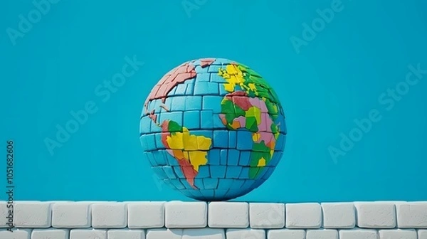 Fototapeta A vibrant globe made of colored blocks rests on a white brick platform against a bright blue background, symbolizing global unity and creativity.