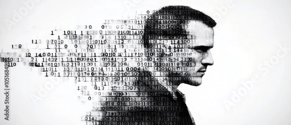 Obraz An artistic representation illustrating the integration of humans and artificial intelligence through a digital binary landscape