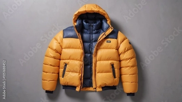 Obraz Vibrant orange and navy blue puffer jacket displayed flat against a gray textured background