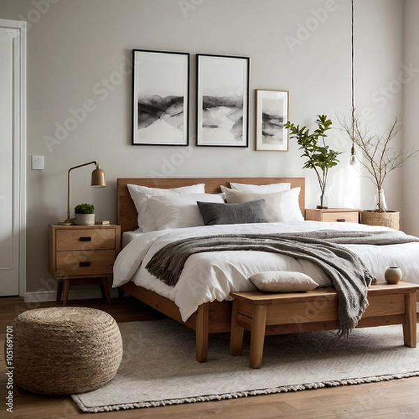 Obraz Cozy Scandinavian Style Bedroom With Natural Wood Furniture And Minimalist Deco Wall Art Interior Design Decoration