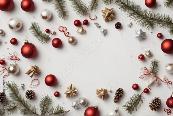 Fototapeta Christmas frame made of fir branches and  baubles on white background