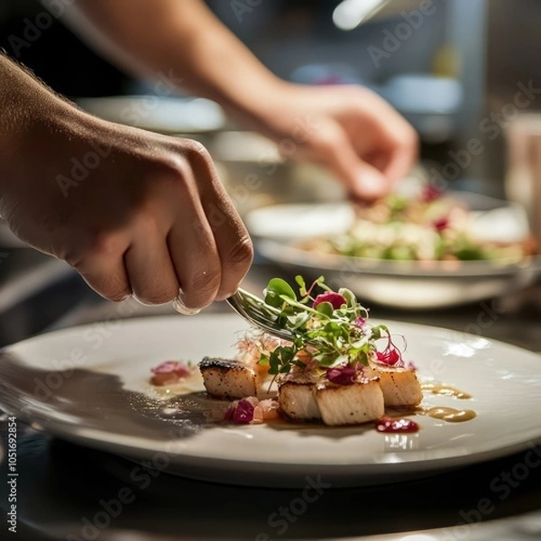 Fototapeta Culinary Arts: A chef adding garnish to a plate of food in an upscale kitchen