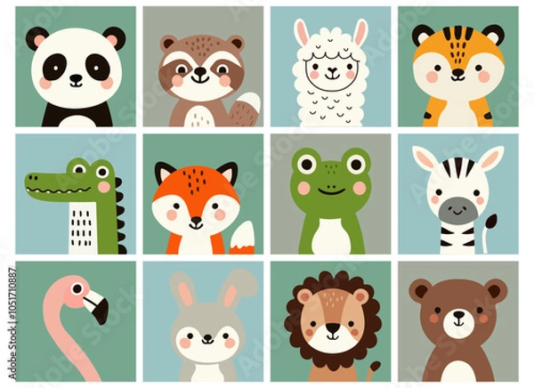 Fototapeta Cute simple animal portraits in colorful frames — rabbit, frog, tiger, panda, llama, crocodile, zebra, flamingo, lion, bear. Print for children's fabric, covers, wallpapers, covers