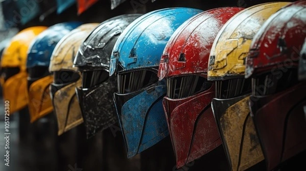 Fototapeta Helmets lined up in a row, showcasing different colors and designs.