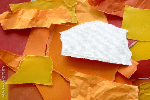 Obraz Abstract collage mosaic art with orange yellow paper torn pieces element with blank white copy space. Zine culture. Bright sunny color palette.
