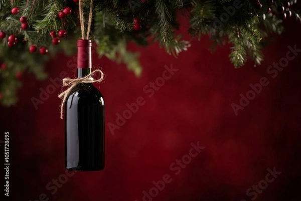 Fototapeta Bottle of wine hanging on Christmas tree, dark red background with copy space. Concept: New Year, festive celebrations, for wine shop, winery
