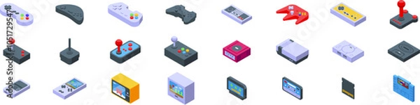 Fototapeta Retro gamepad icons set. Isometric icons representing various retro gaming consoles and controllers evoke feelings of nostalgia and highlight the evolution of gaming technology