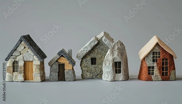 Fototapeta Four miniature houses made of stone, wood, and fabric, arranged in a row on a gray background.