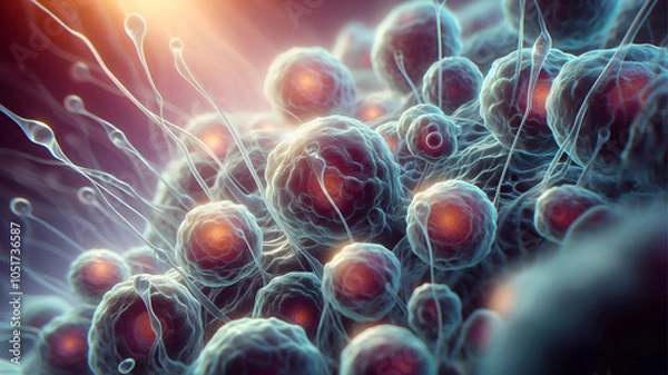 Fototapeta Detailed close-up of embryonic stem cells in a 3D illustration.