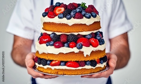 Fototapeta A baker holds a three-tiered cake layered with fresh berries and white frosting.