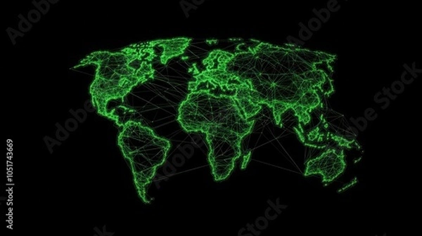 Fototapeta Digital world map with glowing green lines and nodes representing connections across continents and countries.