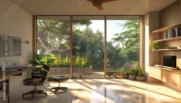 Fototapeta Modern Living Room with Large Windows and Natural Light