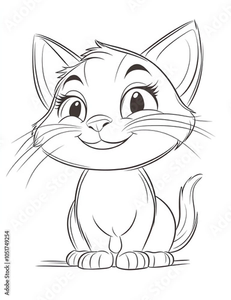 Obraz  Coloring page for kids, cute cat smiling, cartoon style, thick lines only, low details, no shading.