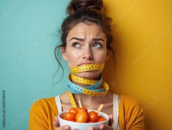 Fototapeta An Emotional Woman with Measuring Tapes Around Her Mouth, Facing the Challenge of Unhealthy Food Choices and Dieting. pastel background with copy space