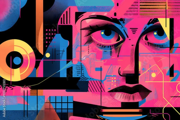 Fototapeta A Portrait captures a young individual surrounded by vivid colors and cosmic motifs, merging elements of futuristic technology with a sense of interstellar exploration.