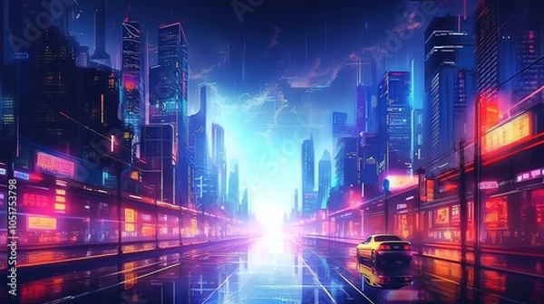 Fototapeta Superb Neon future Illustration sketch of the futuristic city in the style of cyberpunk