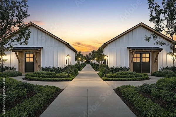 Fototapeta Two identical white cottages with black doors on either side of a concrete walkway lined with green bushes at dusk.