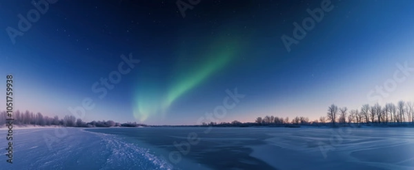 Fototapeta Northern lights illuminate a frozen lake under a starry sky during a clear winter night in a remote location
