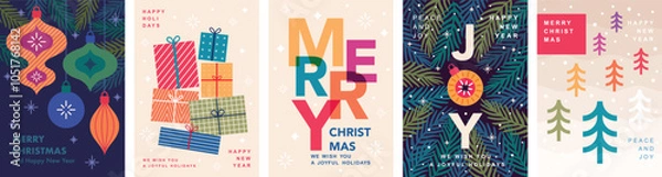 Fototapeta Christmas Minimalist card set - abstract Holidays flyers. Lettering with Christmas and New Year decorative elements. Vector illustration.