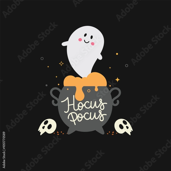 Fototapeta Halloween background. Cute ghost bubbling up in a magical cauldron. Hocus Pocus text. Vector illustration flat design style.