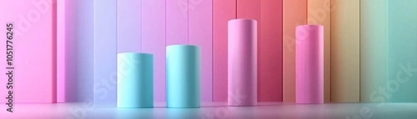 Fototapeta Colorful pastel cylinders against a gradient background, symbolizing growth, creativity, and modern design concepts.