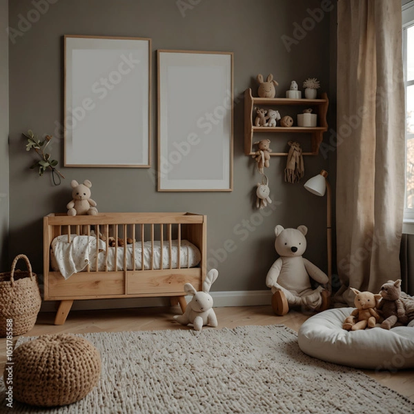 Fototapeta Nursery Room Interior Design, Mock-up  Poster Frame In A Kids' Room With Toys, Plush Animals, and Child Accessories. Generate Ai 