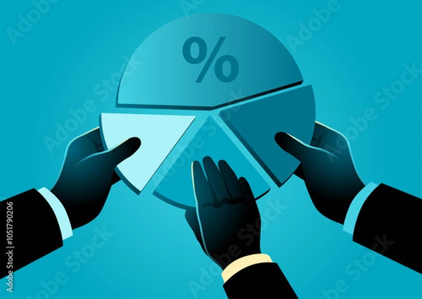 Obraz Three businessman hands each holding a piece of a circular chart, symbolizing shareholder equity, business partnerships, investment, corporate ownership, and collaboration