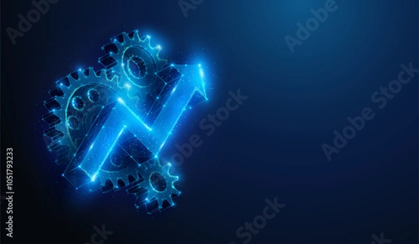 Fototapeta Abstract illustration of low poly arrow up over cogwheels. Blue geometric background depicting operational excellence, optimize technology, innovation, production growth concept by wireframe mesh