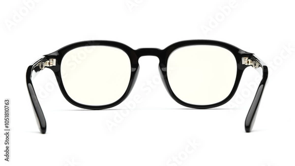 Fototapeta Glasses back view isolated on white background. Black eye glasses rectangle frame with clear transparent lens for vision and read. Plastic eyeglasses vintage and retro style for design template and