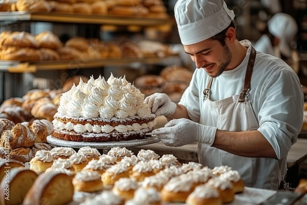 Fototapeta A baker decorating cakes in a bakery kitchen with shelves of freshly baked bread behind them 