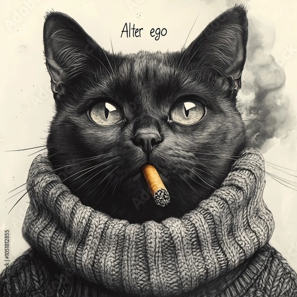 Fototapeta a black cat wearing a sweater and smokes, in the style of satirical caricatures, 1900  - 1917, political commentary, ashcan school, animated exuberance, detailed ink illustrations