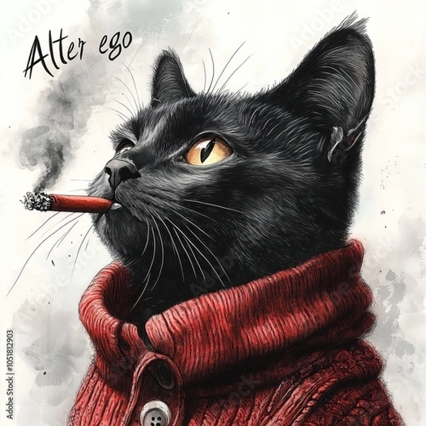 Fototapeta a black cat wearing a sweater and smokes, in the style of satirical caricatures, 1900  - 1917, political commentary, ashcan school, animated exuberance, detailed ink illustrations