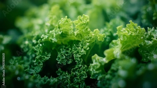 Fototapeta Close-up shot of fresh green lettuce leaves with water droplets.